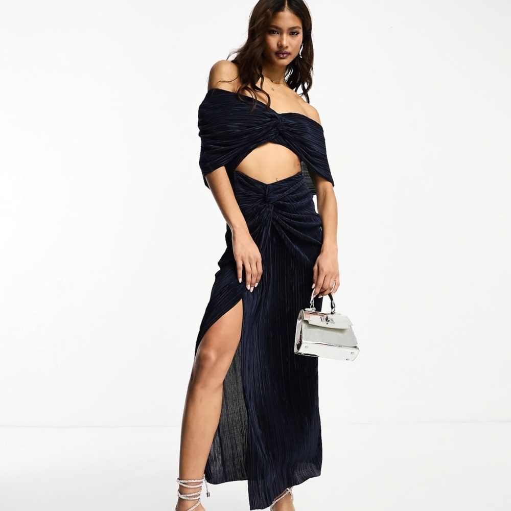 Shimmery navy off the shoulder dress with slit